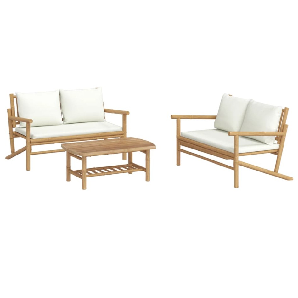 Set de muebles de jardín 3 piezas bambú y cojines blanco