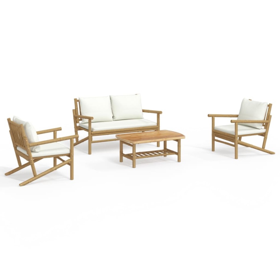 Set de muebles de jardín 4 piezas bambú y cojines blanco