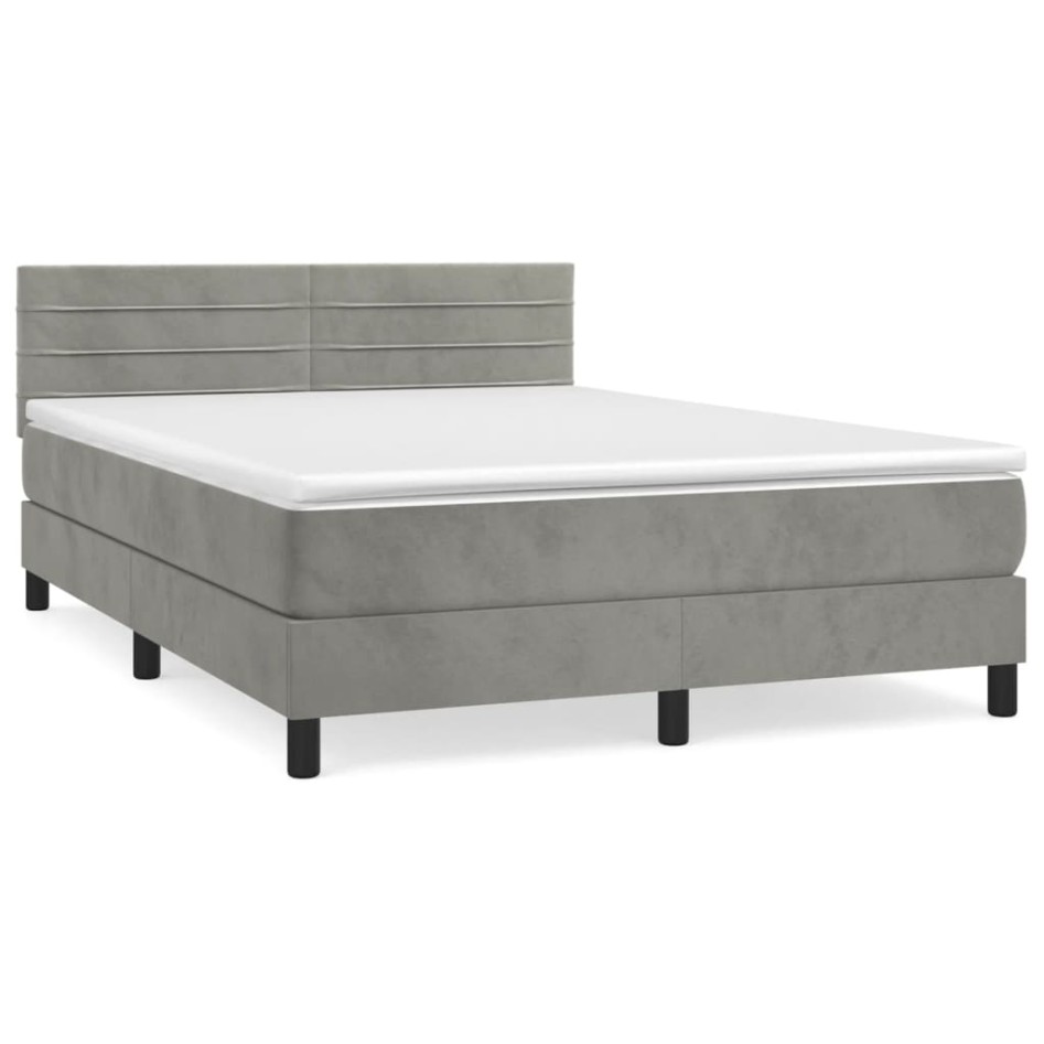 Cama box spring con colchón terciopelo gris claro 140x190