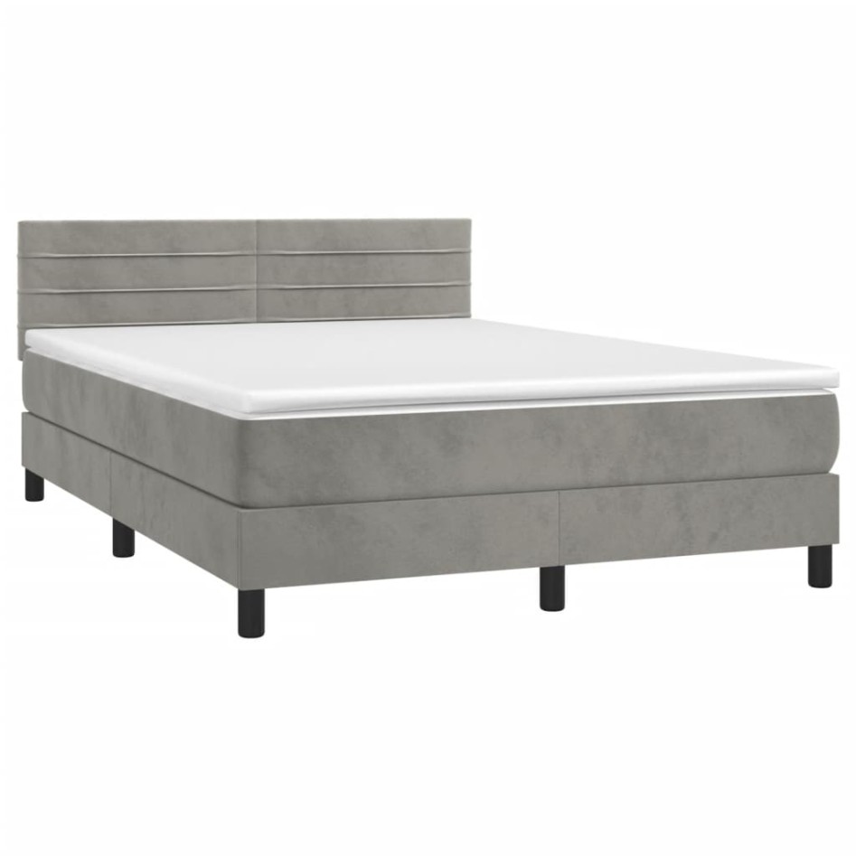Cama box spring con colchón terciopelo gris claro 140x190
