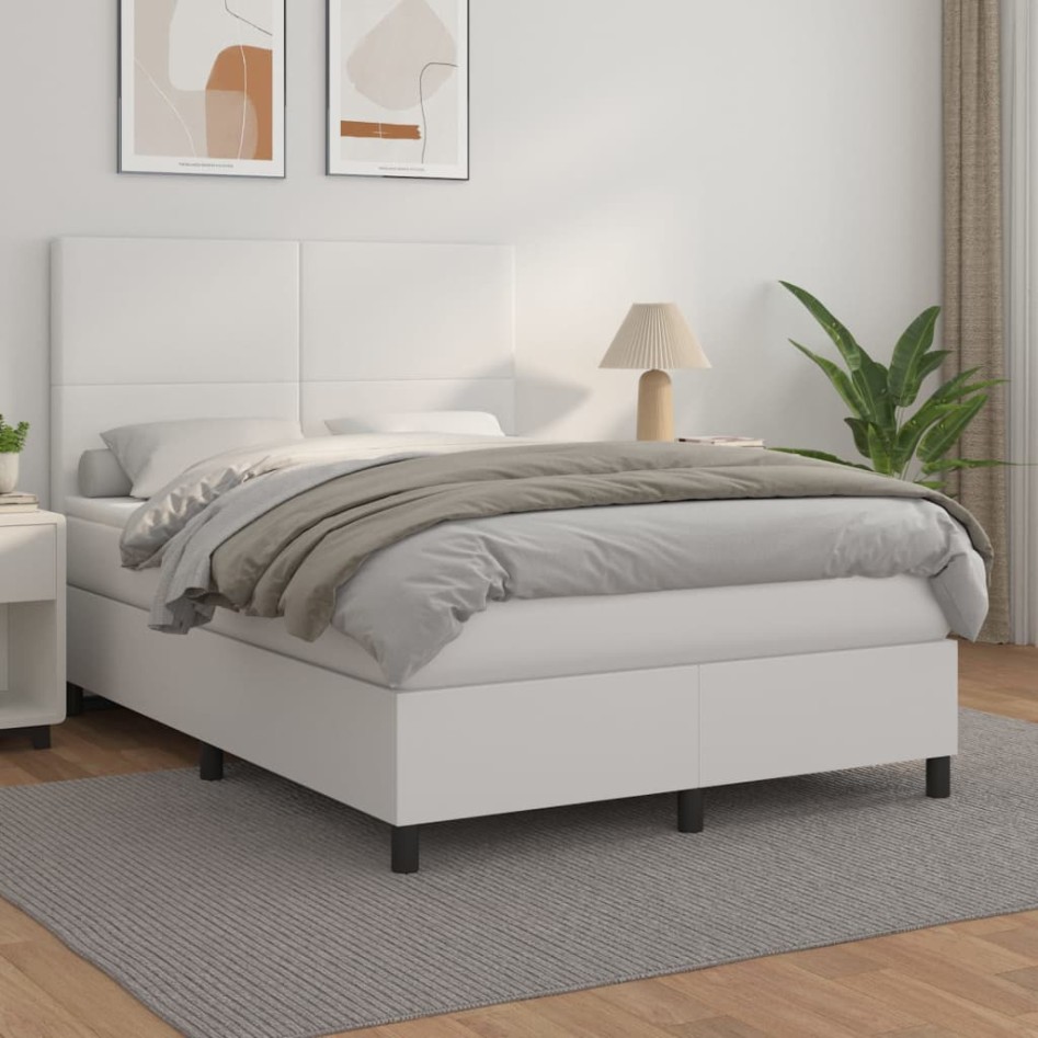 Cama box spring con colchón cuero sintético blanco