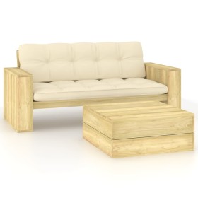 Set muebles de jardín y cojines 2 pzas madera pino