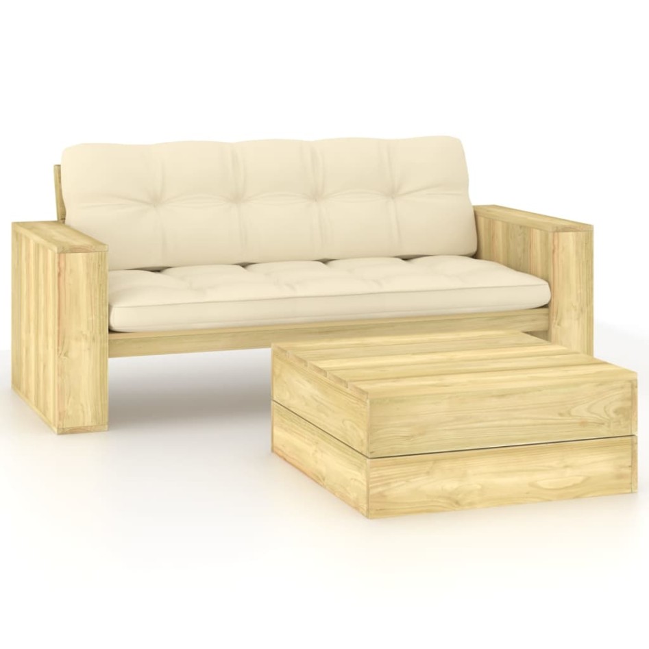 Set muebles de jardín y cojines 2 pzas madera pino