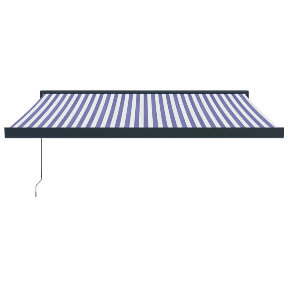 Toldo retráctil aluminio y tela azul y blanco 3x2,5