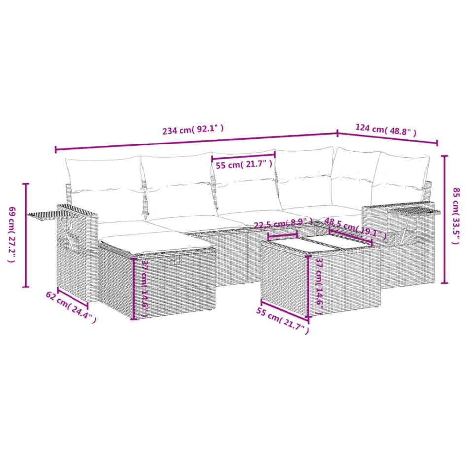 Set de sofás de jardín 7 piezas con cojines ratán PE