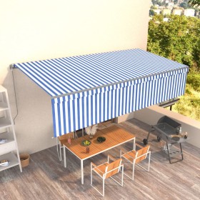 Toldo retráctil manual con persiana azul y blanco 6x3