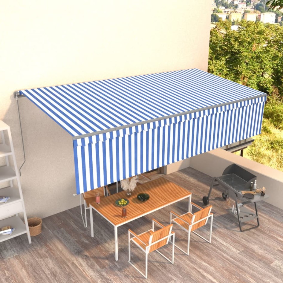 Toldo retráctil manual con persiana azul y blanco 6x3