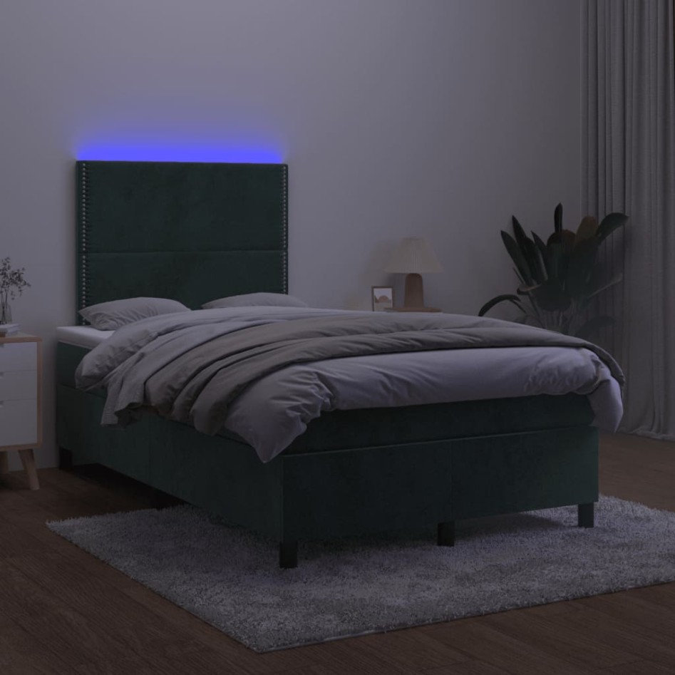Cama box spring colchón y LED terciopelo verde oscuro