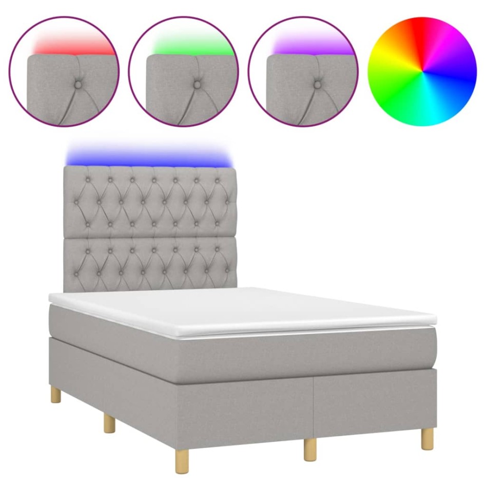 Cama box spring con colchón y LED tela gris claro 120x190