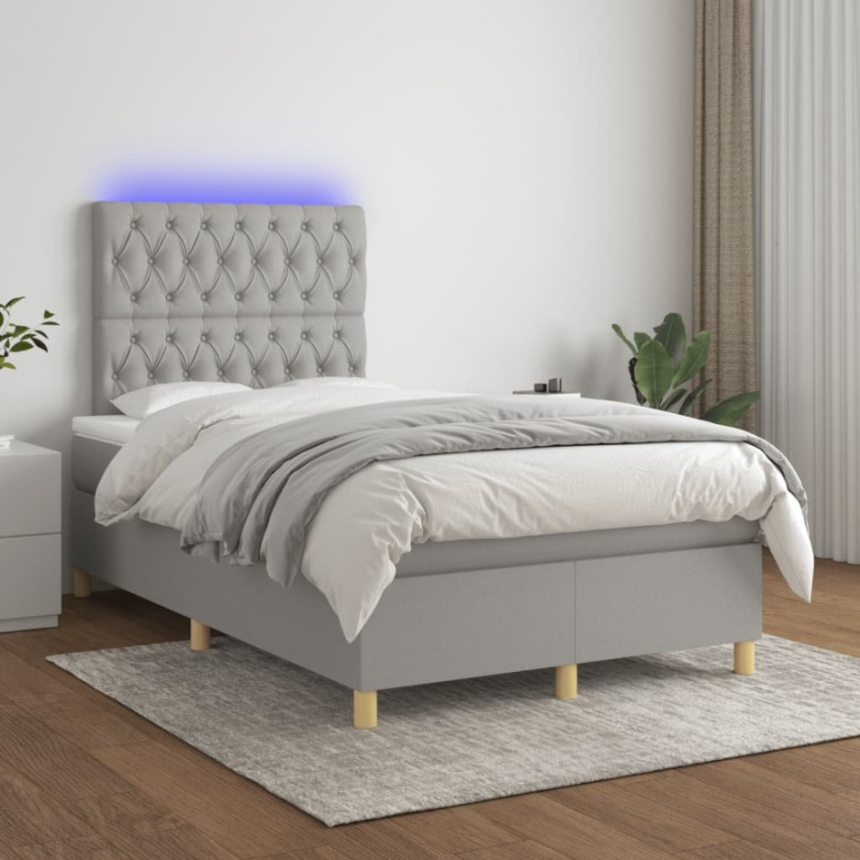 Cama box spring con colchón y LED tela gris claro 120x190