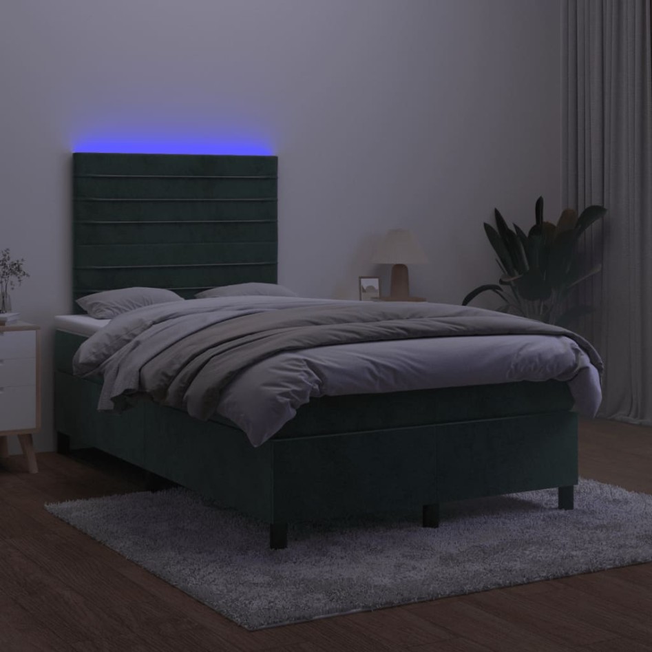 Cama box spring colchón y LED terciopelo verde oscuro