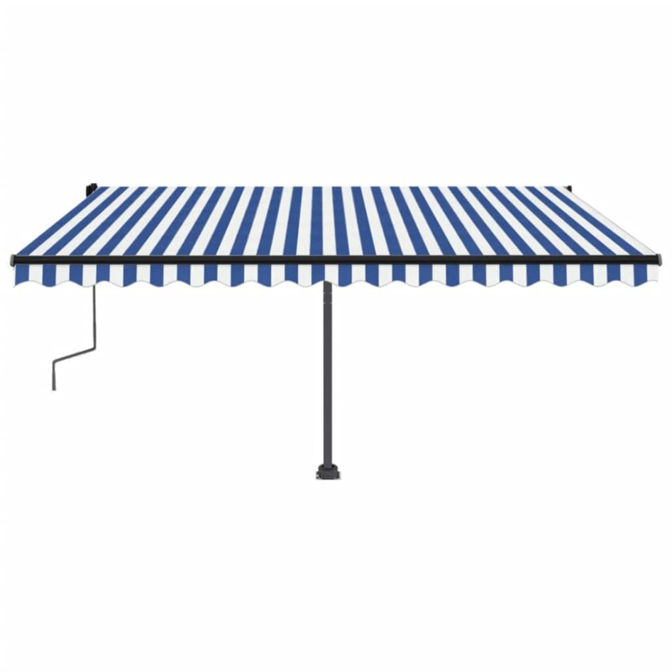 Toldo de pie retráctil manual azul y blanco 450x300