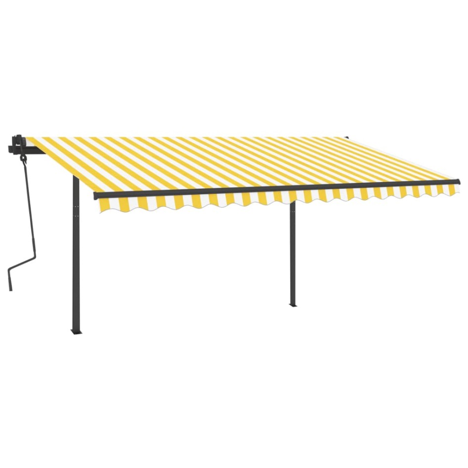 Toldo retráctil manual con postes amarillo y blanco 4,5x3,5