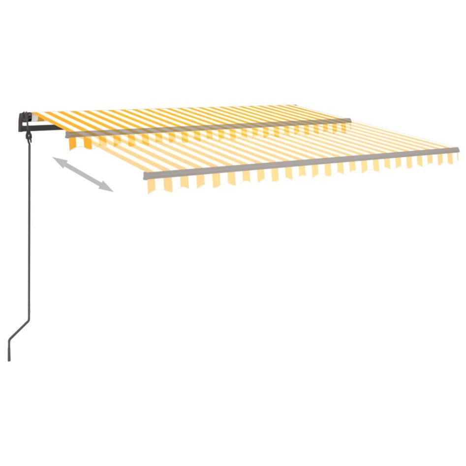 Toldo retráctil manual con postes amarillo y blanco 4,5x3,5