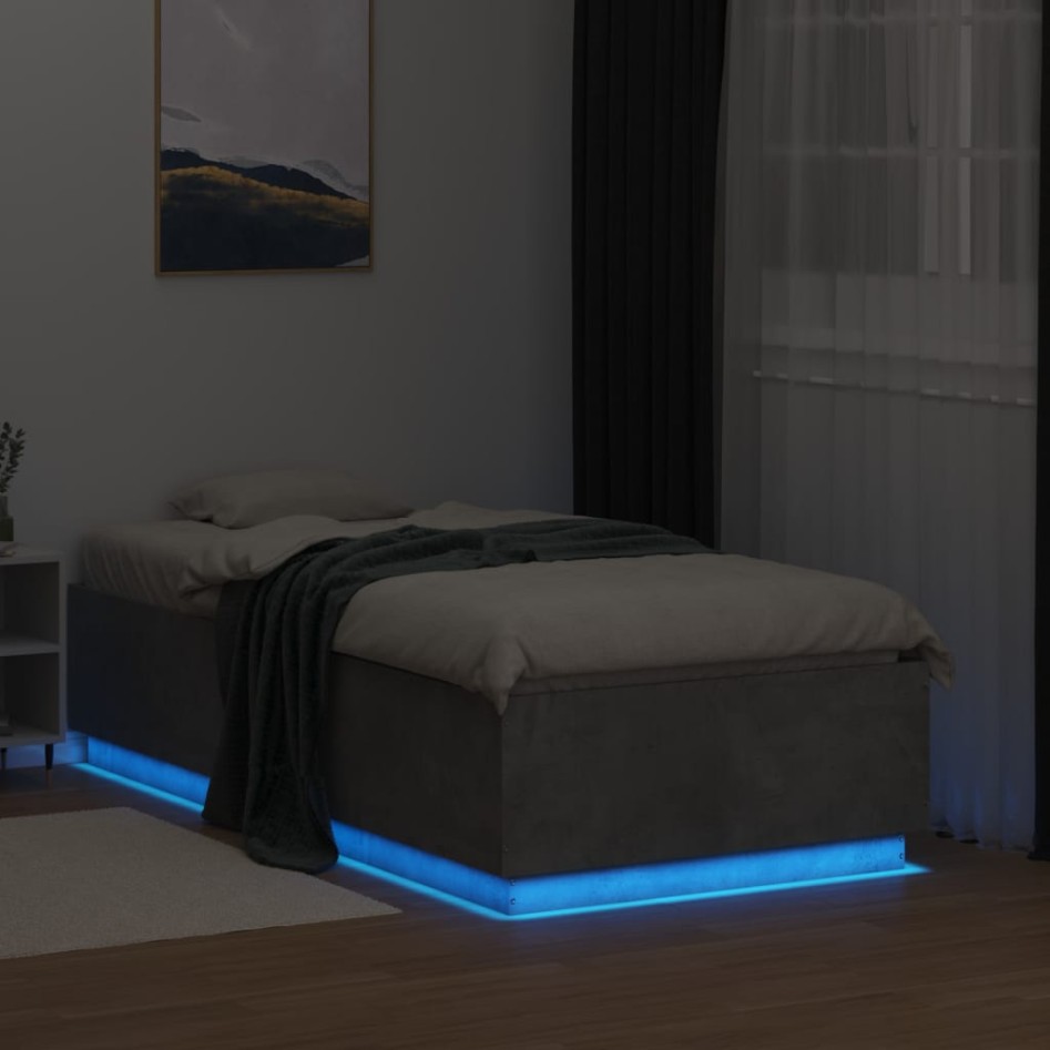 Estructura cama con luces LED madera gris hormigón 90x190