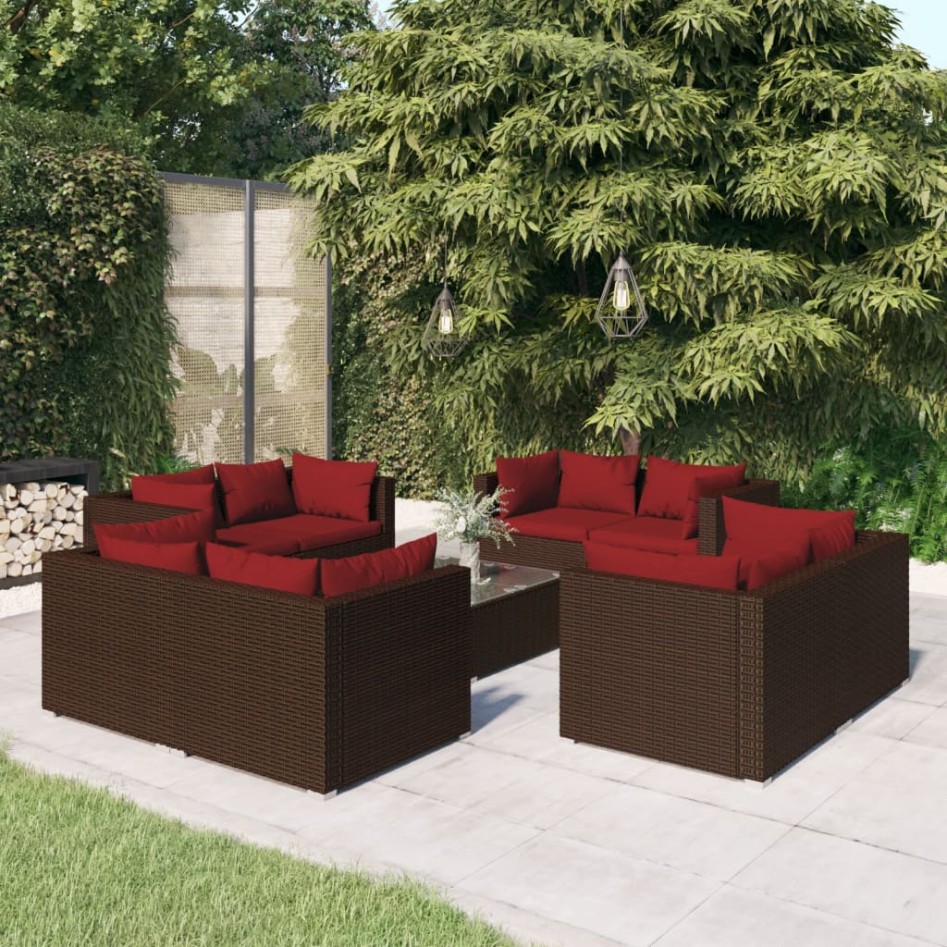 Set muebles de jardín 9 piezas y cojines ratán sintético