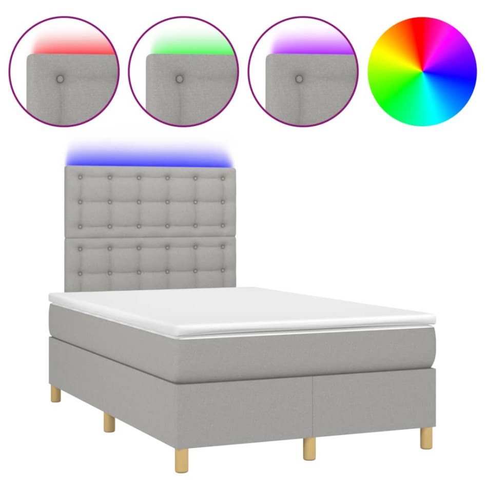 Cama box spring con colchón y LED tela gris claro 120x190