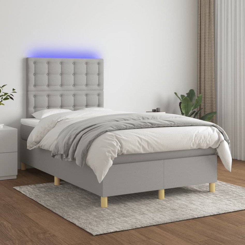 Cama box spring con colchón y LED tela gris claro 120x190
