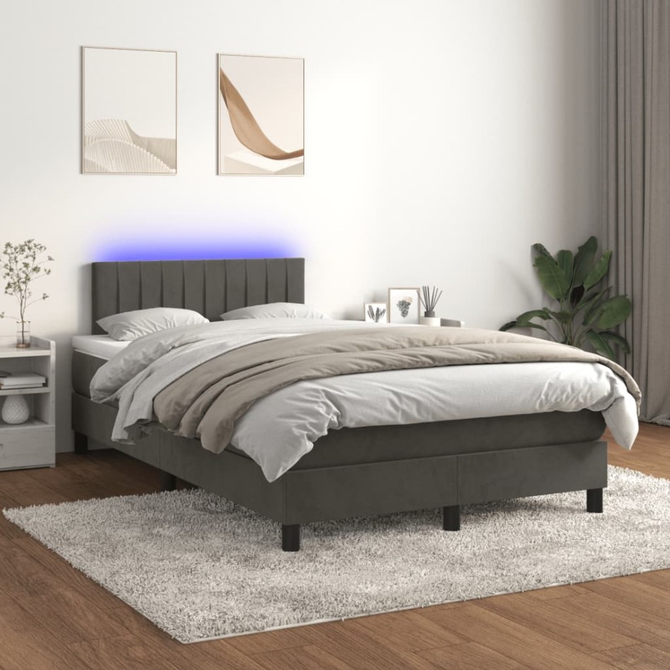 Cama box spring colchón y LED terciopelo gris oscuro 120x190