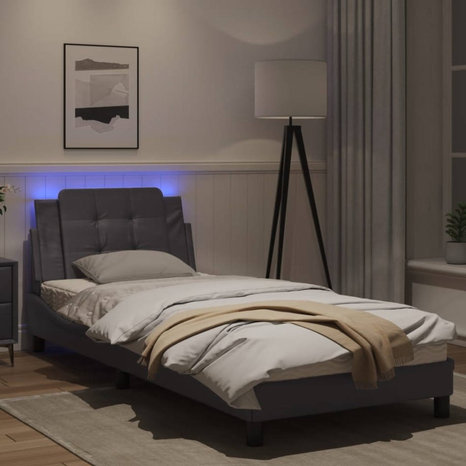 Estructura de cama con luces LED cuero sintético gris 90x200