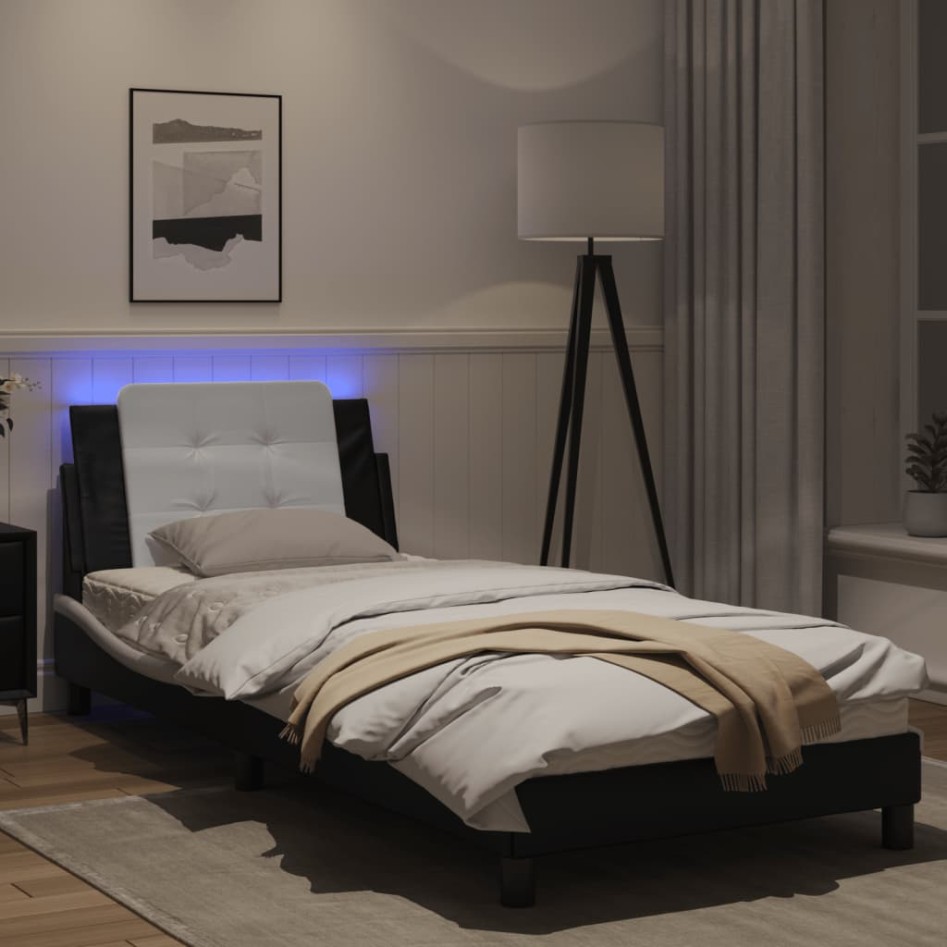 Estructura cama con LED cuero sintético negro blanco 90x200