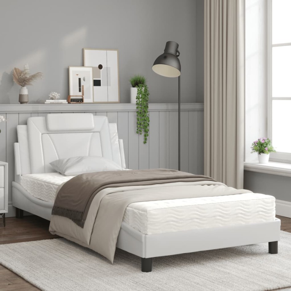 Cama con colchón cuero sintético blanco 100x200