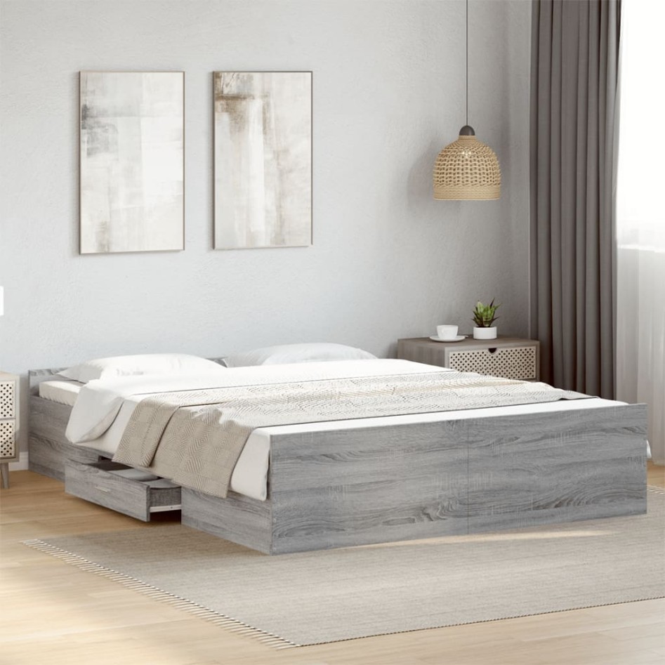 Cama con cajones madera ingeniería gris Sonoma 140x200