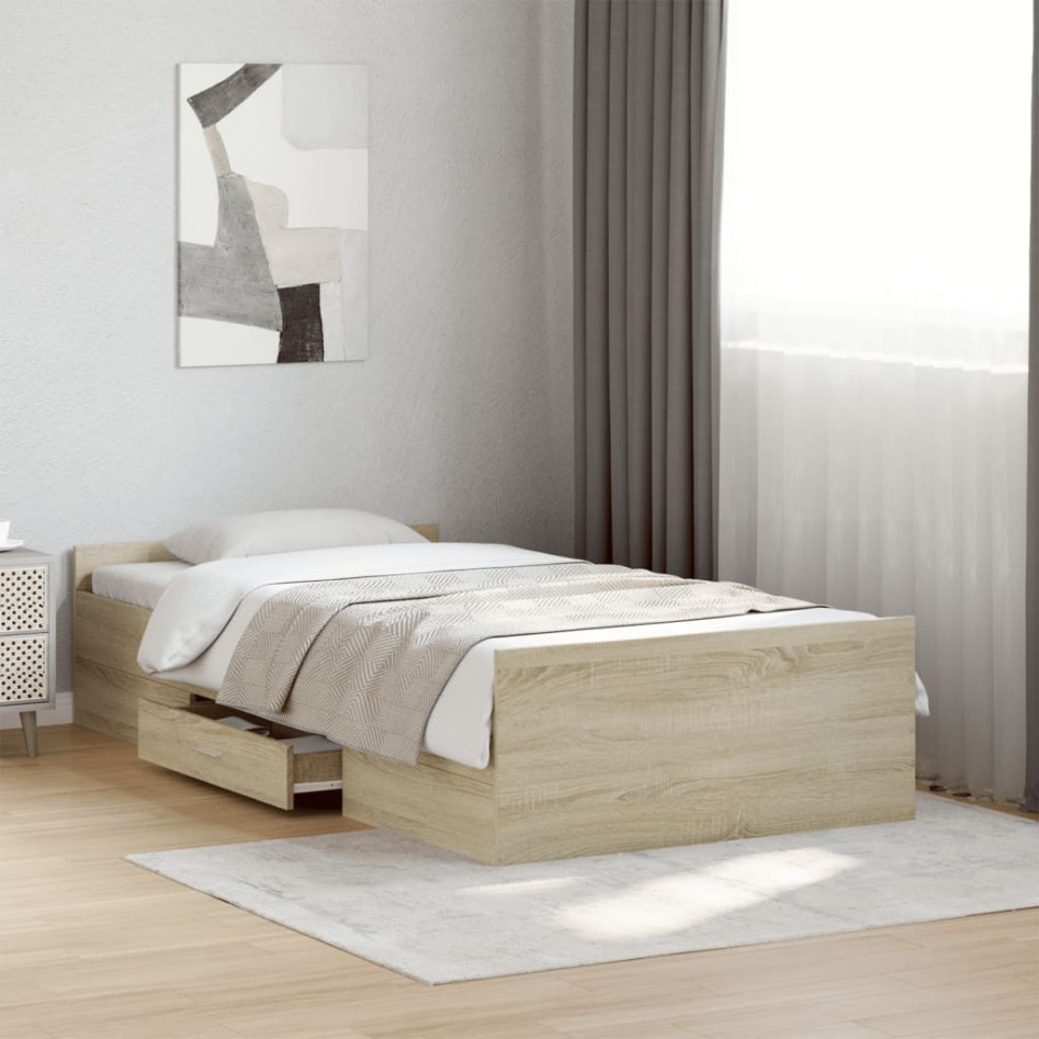 Cama con cajones madera ingeniería roble Sonoma 90x200