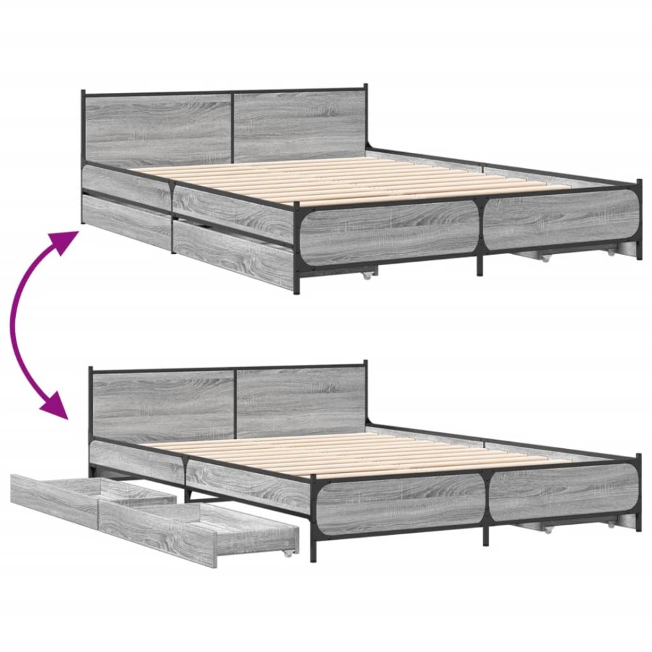 Cama con cajones madera de ingeniería gris Sonoma 135x190