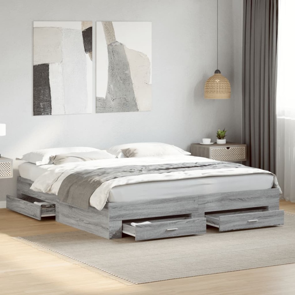Cama con cajones madera ingeniería gris Sonoma 200x200