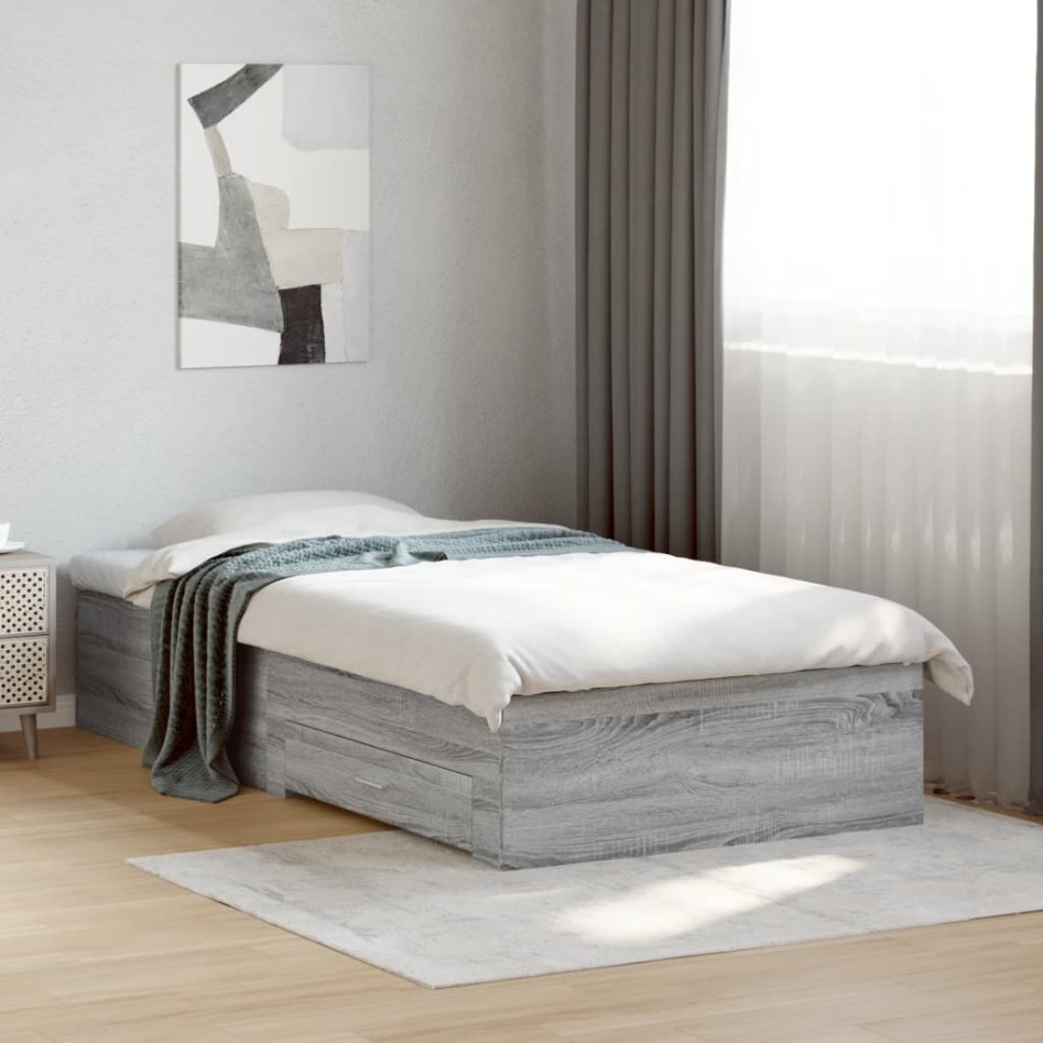 Cama con cajones madera ingeniería gris Sonoma 90x200