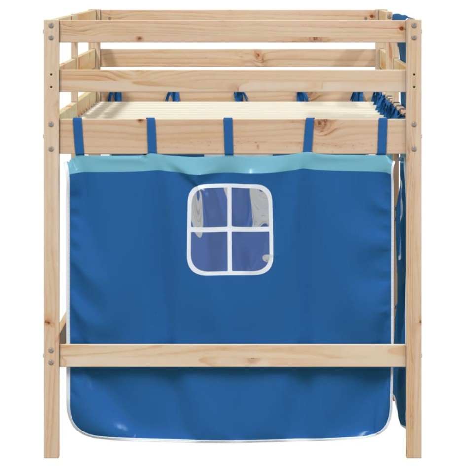 Cama alta para niños con cortinas madera pino azul 90x200