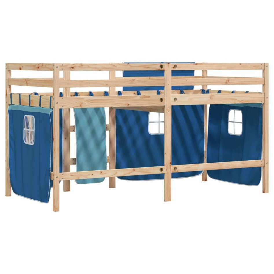 Cama alta para niños con cortinas madera pino azul 90x200