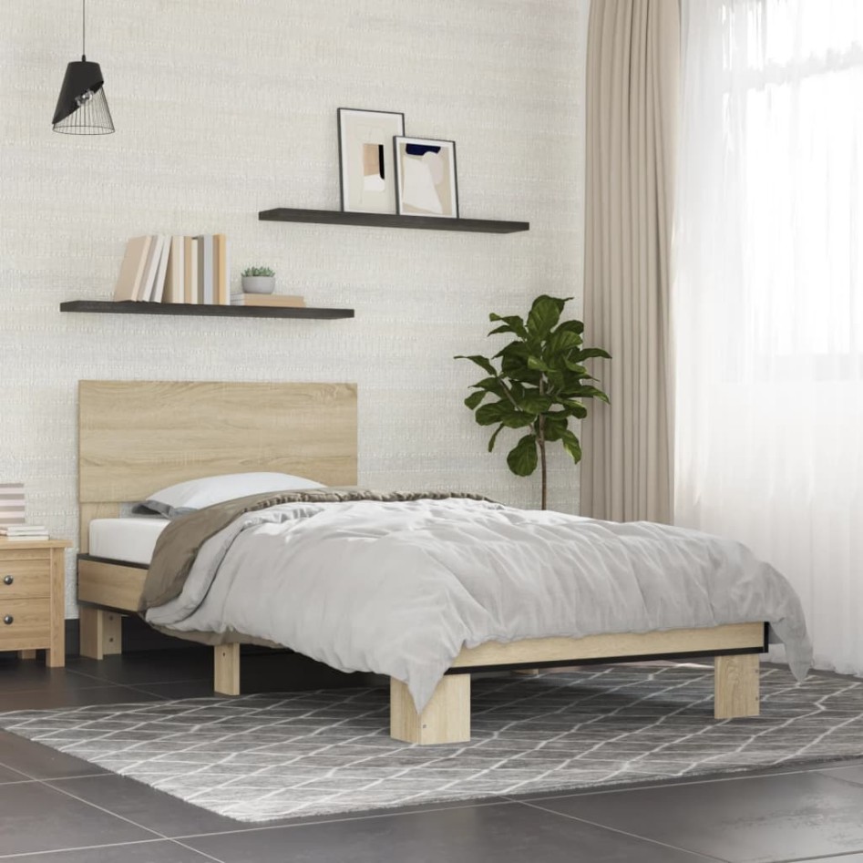 Estructura cama madera ingeniería metal roble Sonoma 90x200