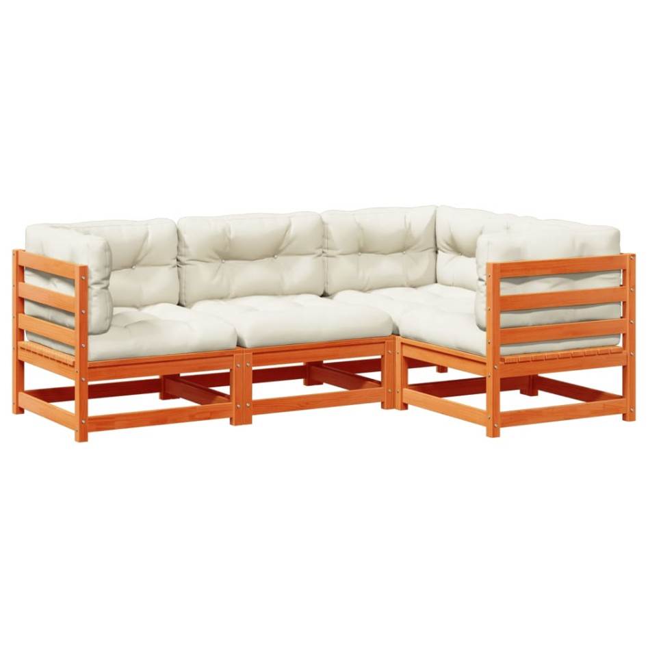 Set de sofás jardín 4 pzas con cojines madera pino marrón
