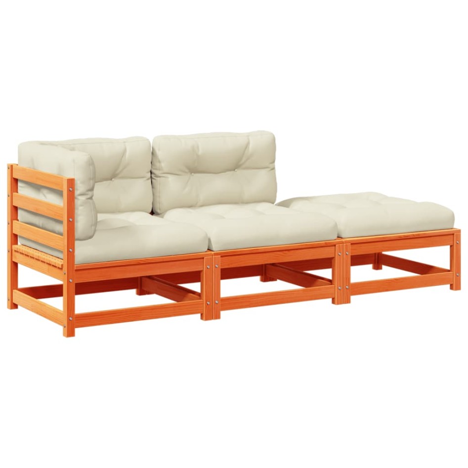 Set de sofás jardín 3 pzas con cojines madera pino marrón