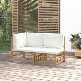 Set de muebles de jardín 2 piezas bambú y cojines blanco