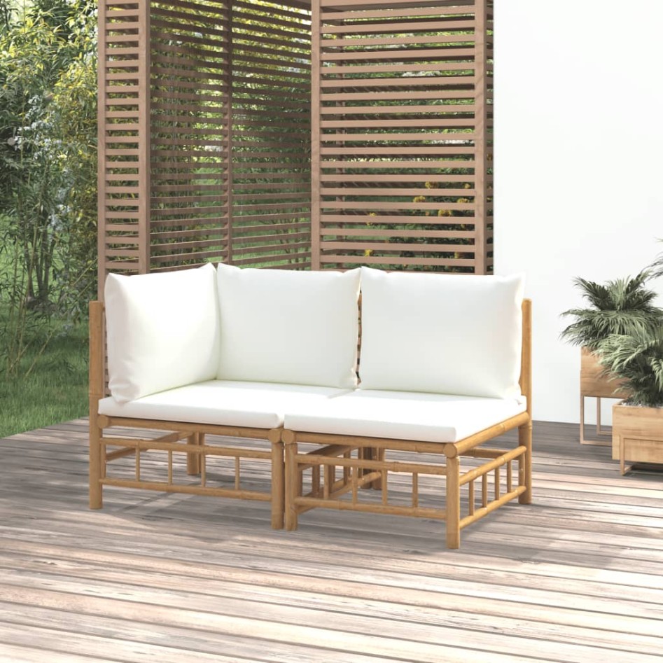 Set de muebles de jardín 2 piezas bambú y cojines blanco