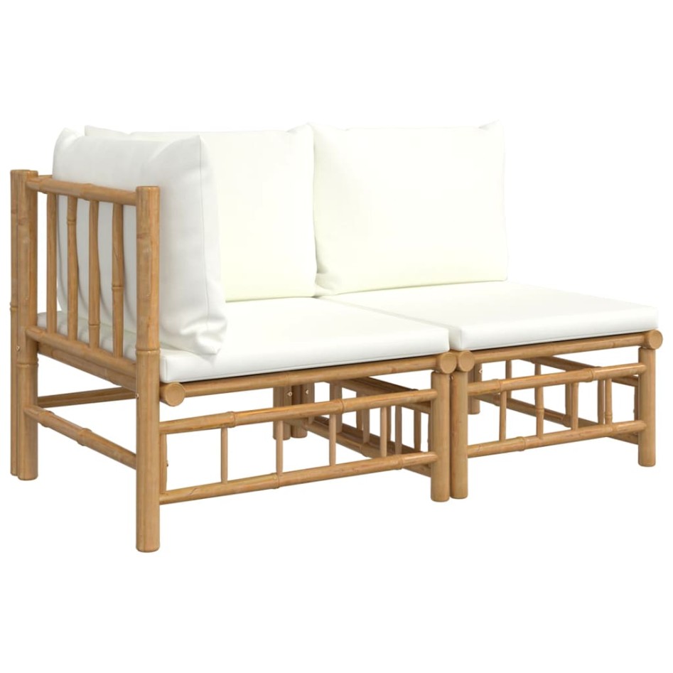 Set de muebles de jardín 2 piezas bambú y cojines blanco