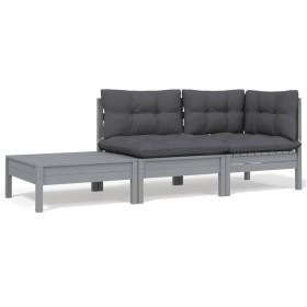 Juego muebles de jardín 3 pzas cojines gris madera pino