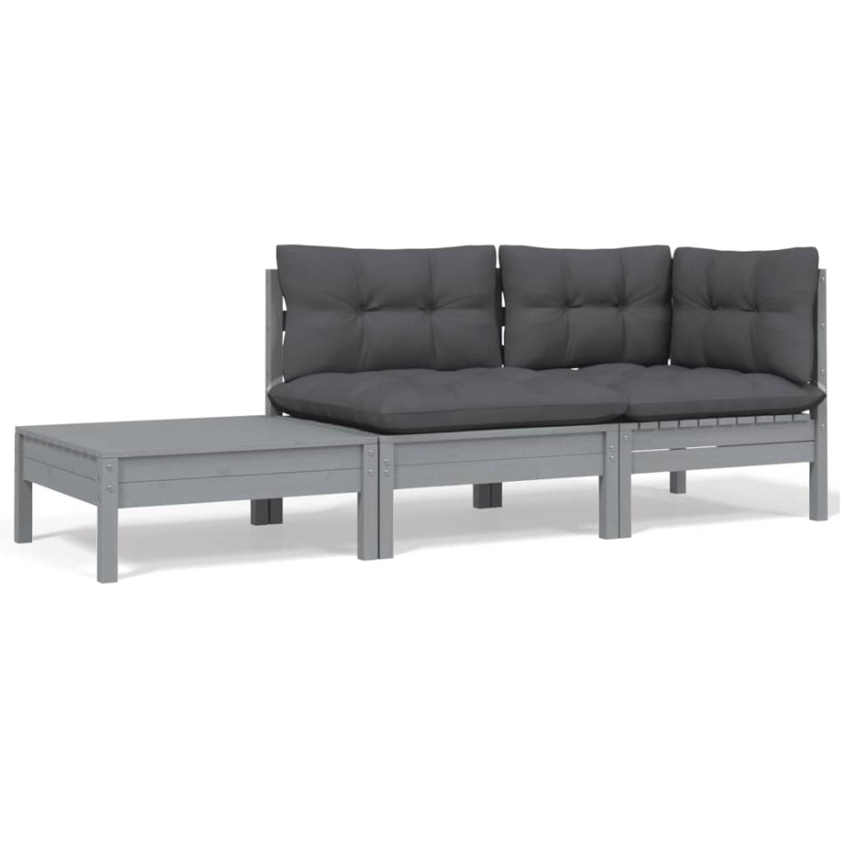 Juego muebles de jardín 3 pzas cojines gris madera pino