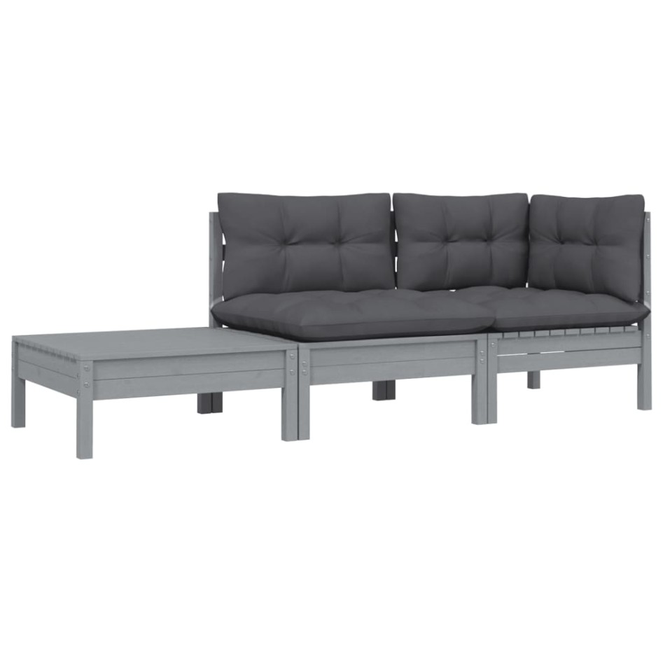 Juego muebles de jardín 3 pzas cojines gris madera pino