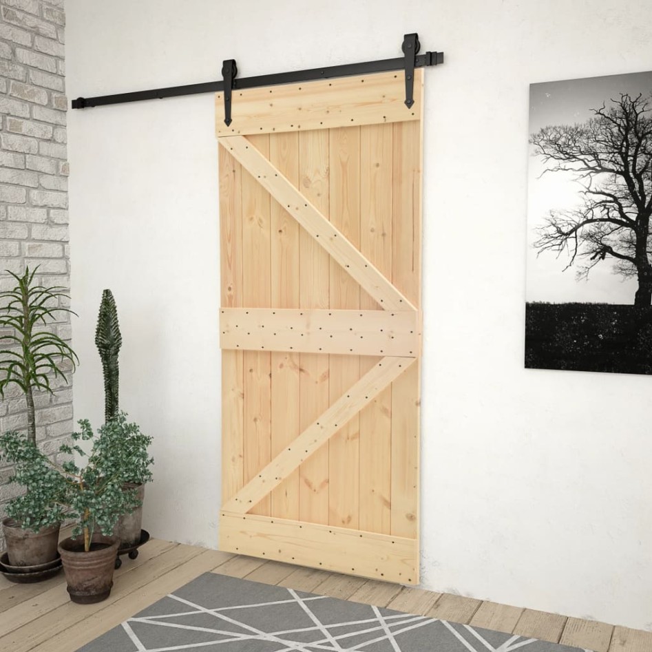 Puerta corredera con herrajes madera maciza de pino 90x210