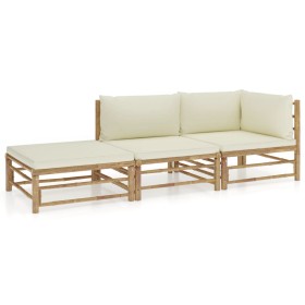 Set de muebles de jardín 3 piezas bambú y cojines blanco