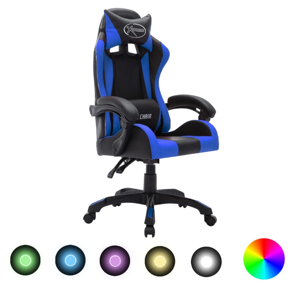 Silla gaming con luces LED RGB cuero sintético azul y