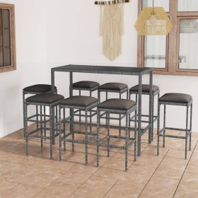 Set muebles bar jardín 9 piezas y cojines ratán sintético