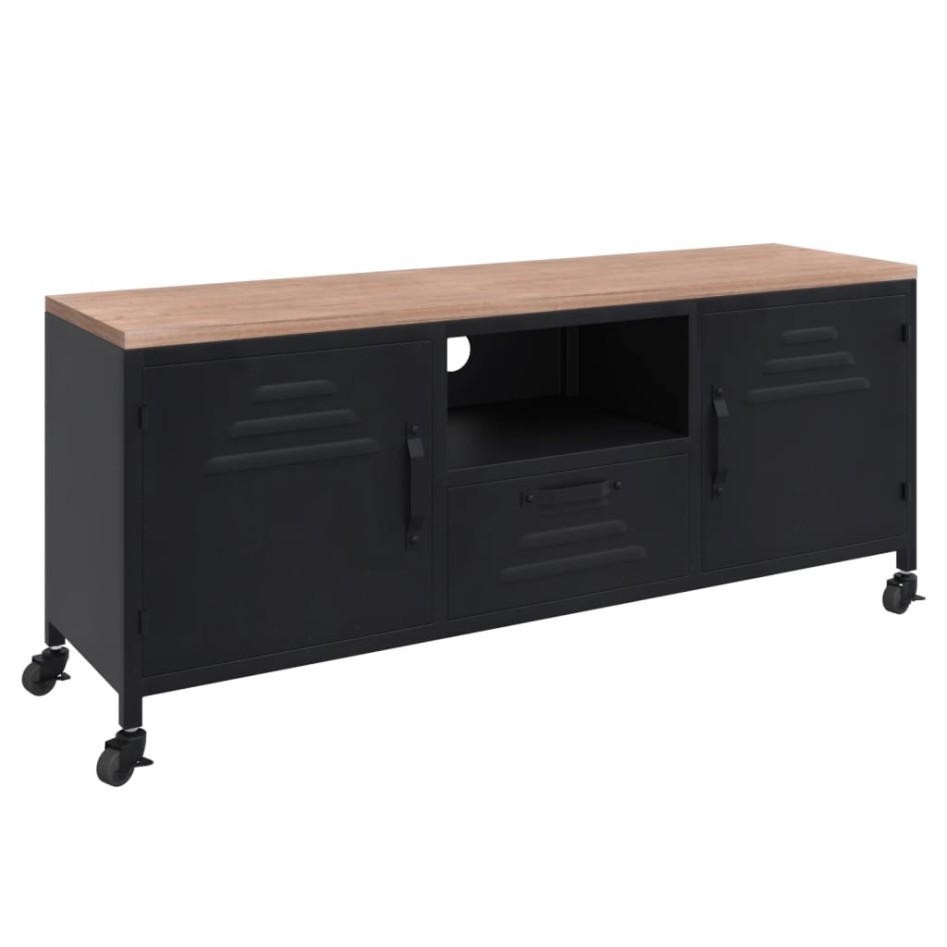 Mueble TV hierro y madera maciza de abeto negro 110x30x43