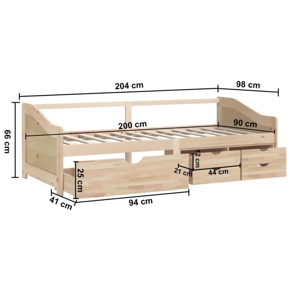 Sofá cama 3 plazas con cajones madera maciza pino 90x200