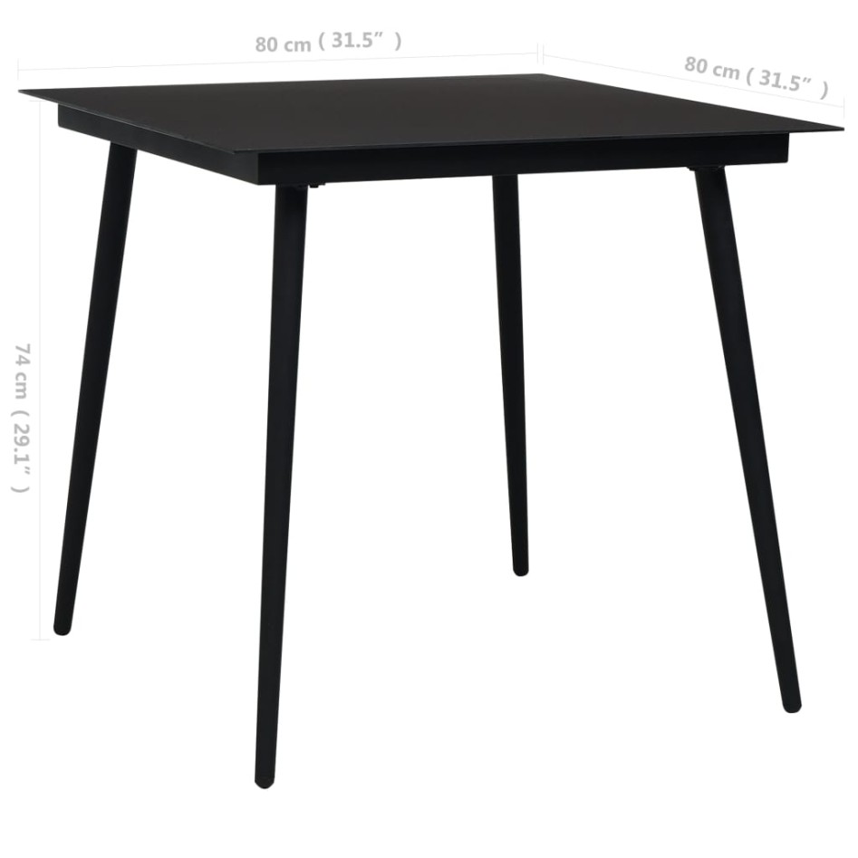 Mesa de comedor de jardín acero y vidrio negra 80x80x74