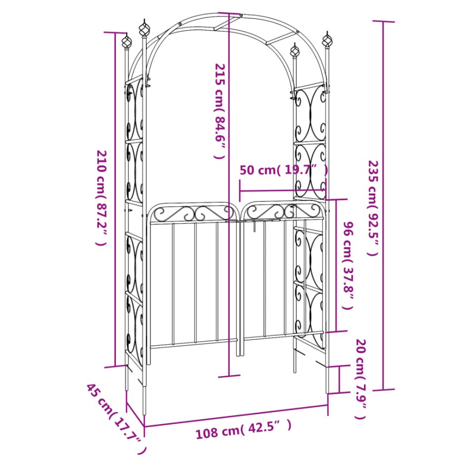 Arco de jardín con puerta acero negro 108x45x235